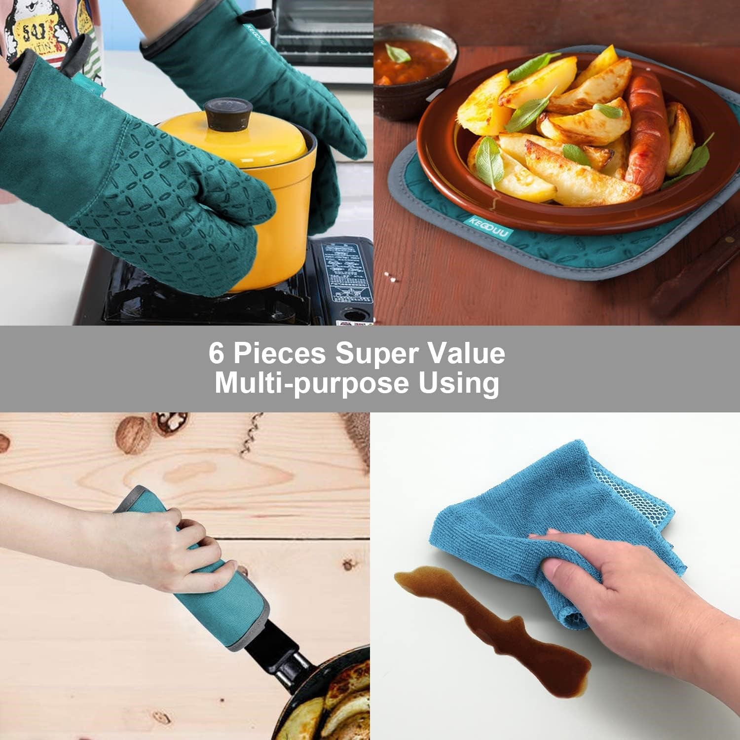 6-Piece Heat-Resistant Oven Glove and Pot Holder Set