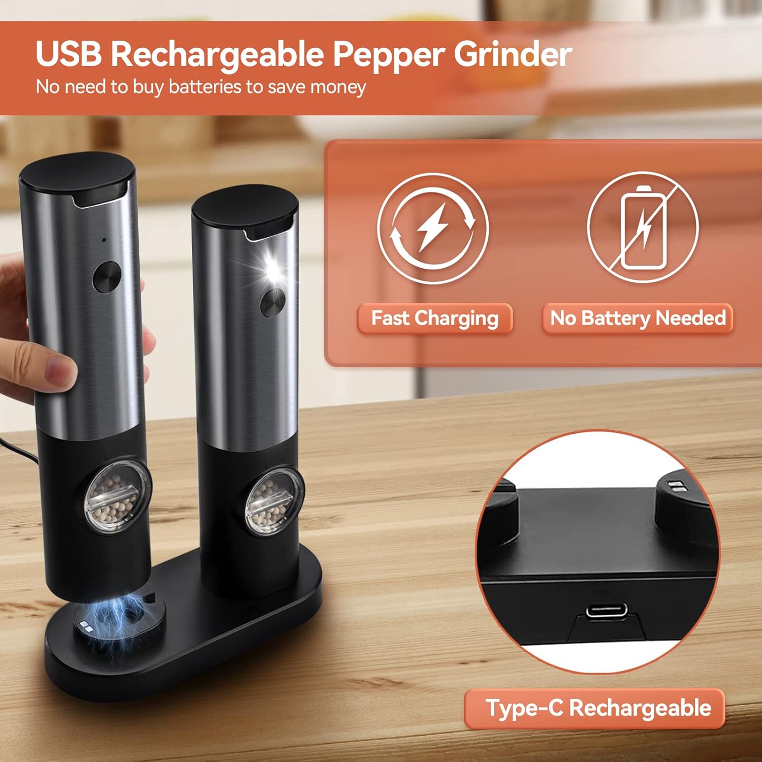 Rechargeable Electric Salt and Pepper Mill Set