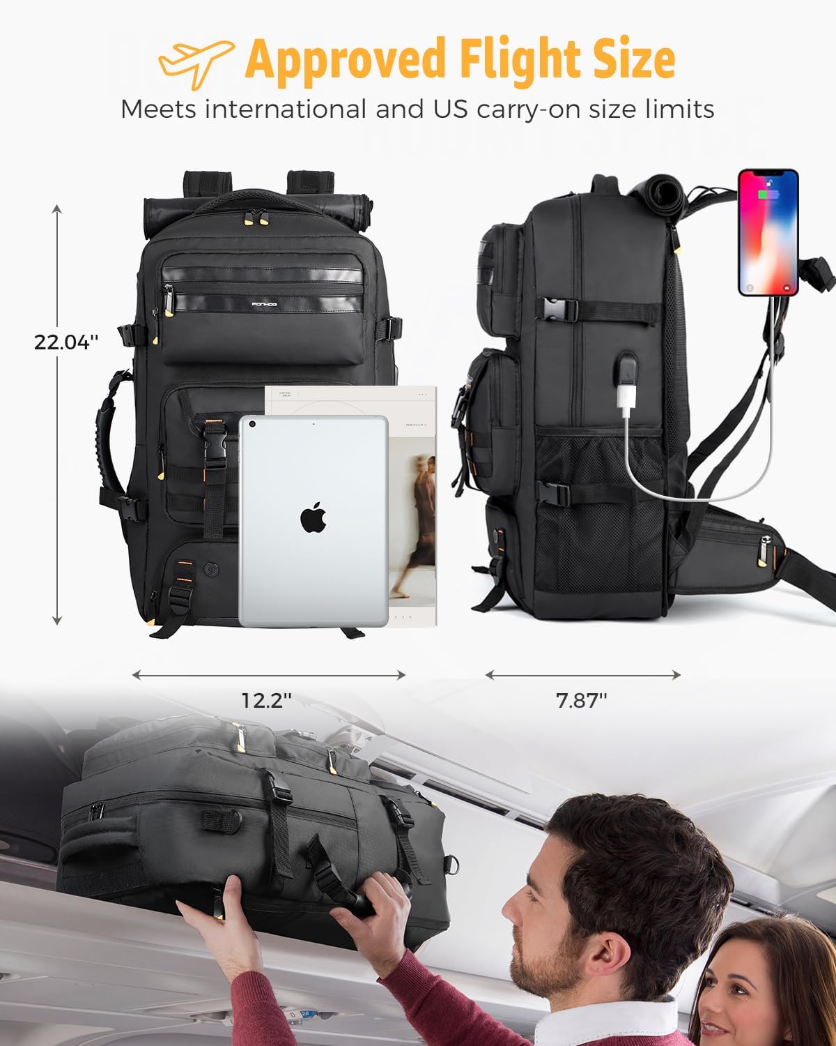 50L Airline Approved Travel Backpack with Shoe Compartment and Convertible Carry Strap