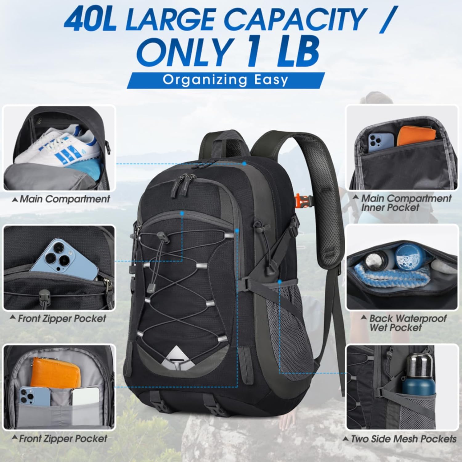 40L Waterproof Hiking and Camping Backpack – Lightweight & Foldable – 1+1 FREE