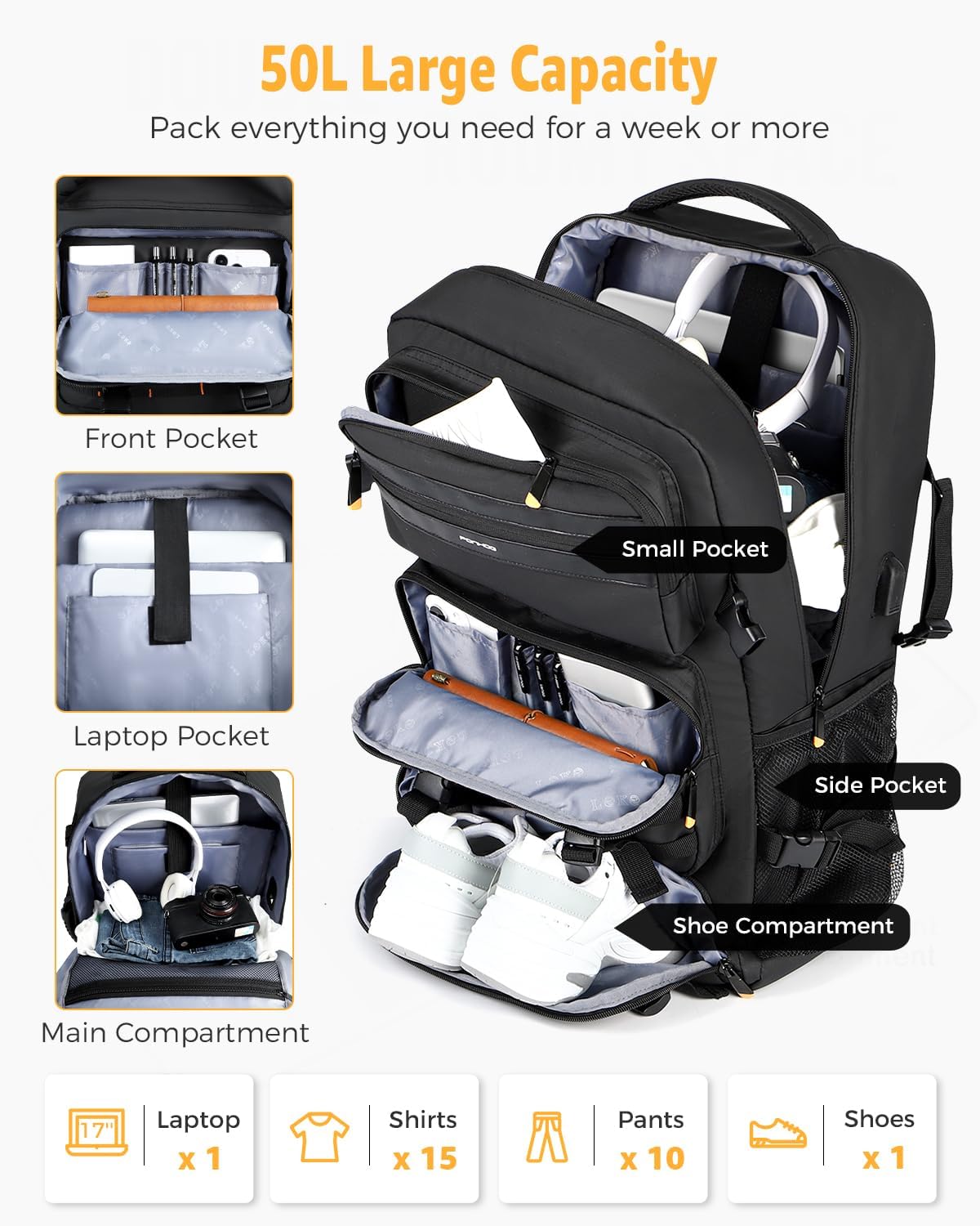 50L Airline Approved Travel Backpack with Shoe Compartment and Convertible Carry Strap