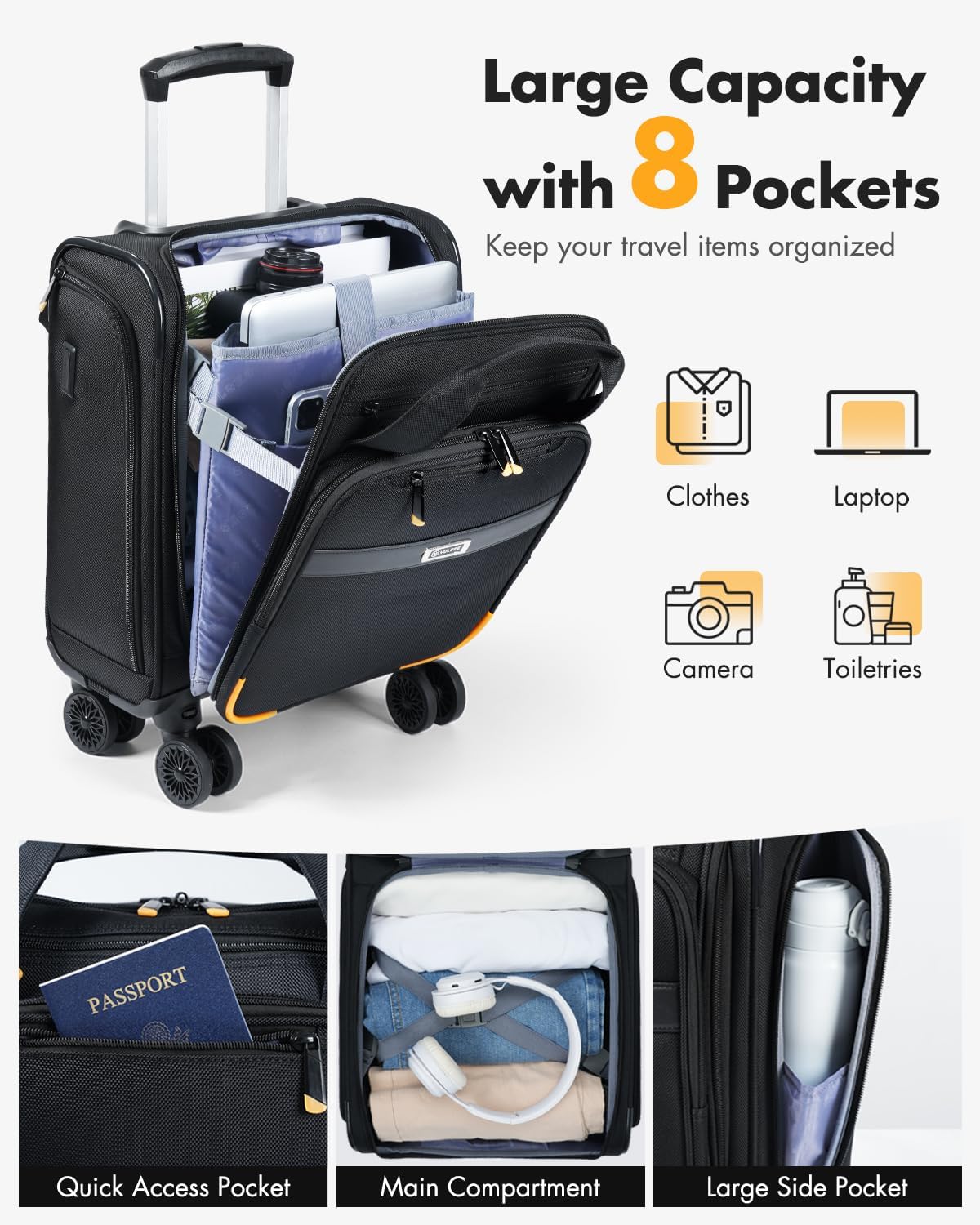 Airline-approved under-seat luggage with spinner wheels and laptop compartment