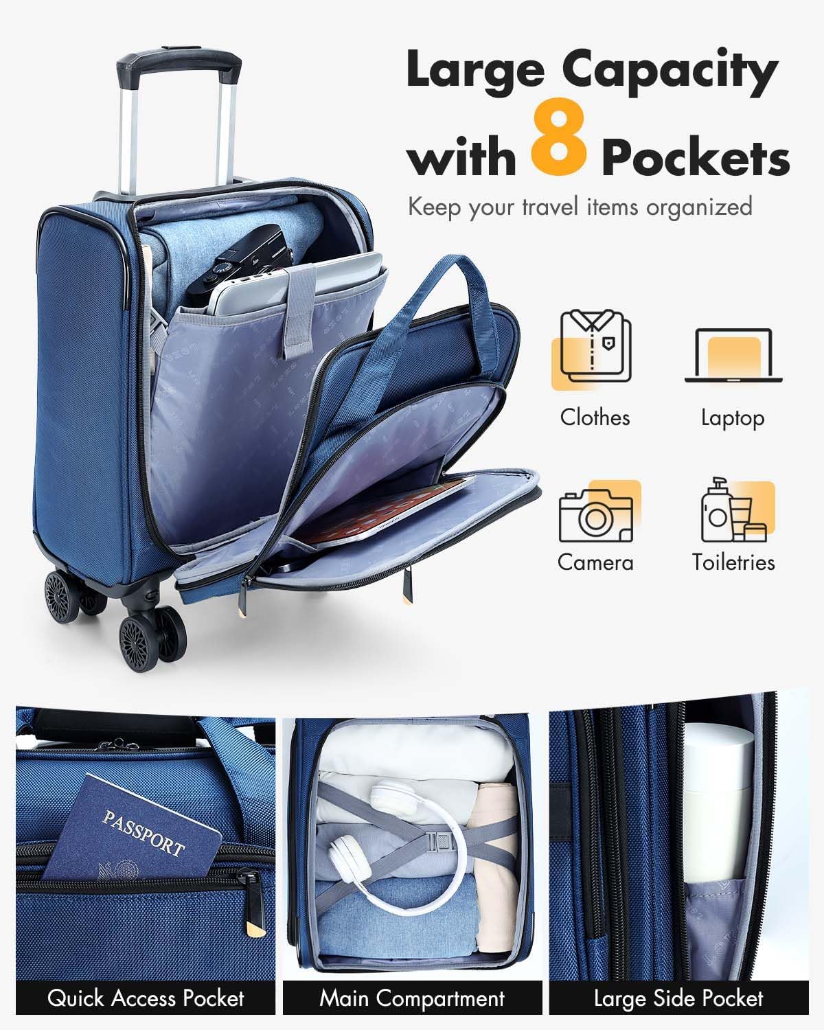 Airline-approved under-seat luggage with spinner wheels and laptop compartment