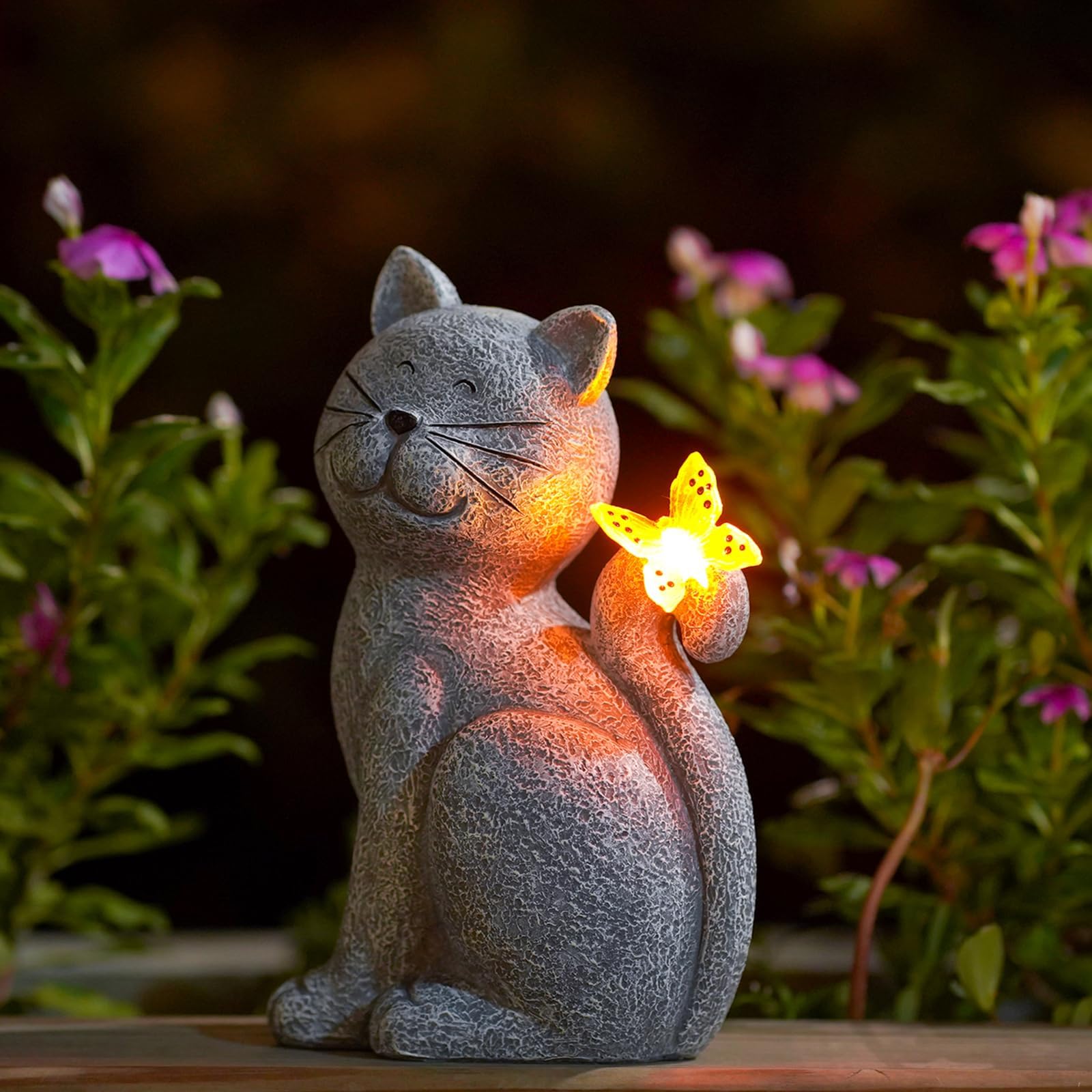 Enchanting Cat with Butterfly - Atmospheric Light for Your Garden