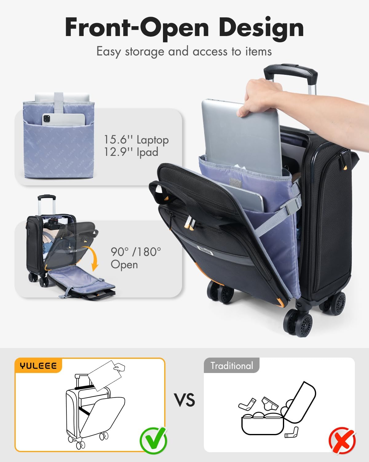 Airline-approved under-seat luggage with spinner wheels and laptop compartment