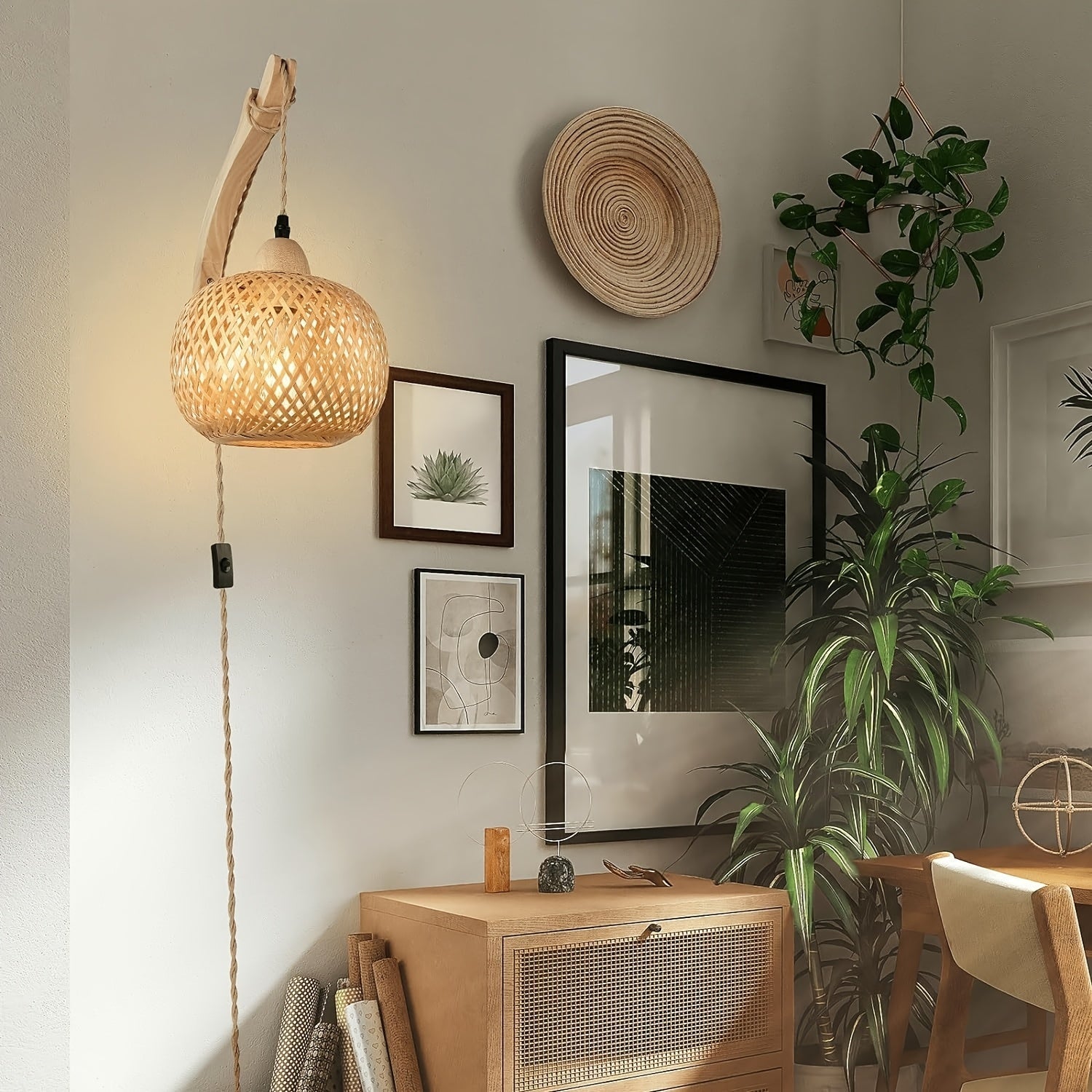 Rustic Bamboo Wall Lamp – Woven Shade with Plug Vintage Style