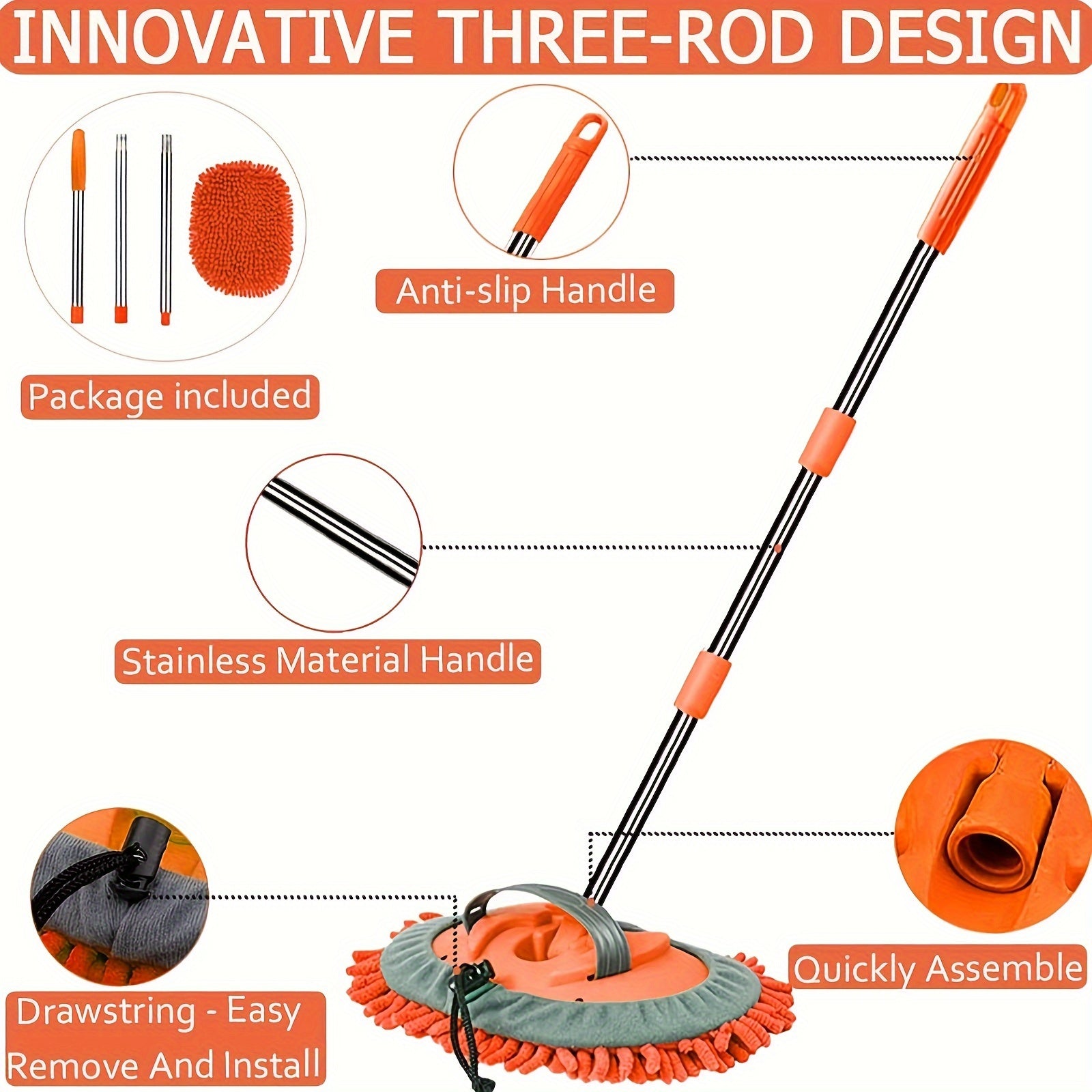 Microfibre Car Wash Brush with Long Handle – Removable Mop Head for Scratch-Free Cleaning