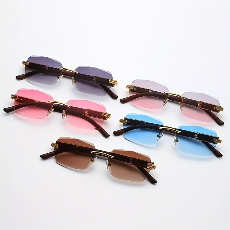 Rimless Sunglasses with Rectangular Lenses and Wooden Temples – Verro