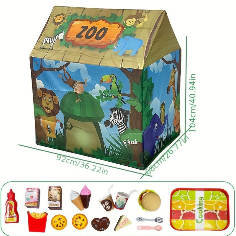 Safari Jungle Play Tent - Animal Themed Playhouse with Burger Set Toy