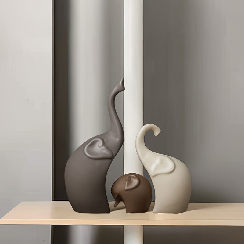 Set of 3 Ceramic Elephant Figurines – Modern Matte Decoration for Living Room or Office