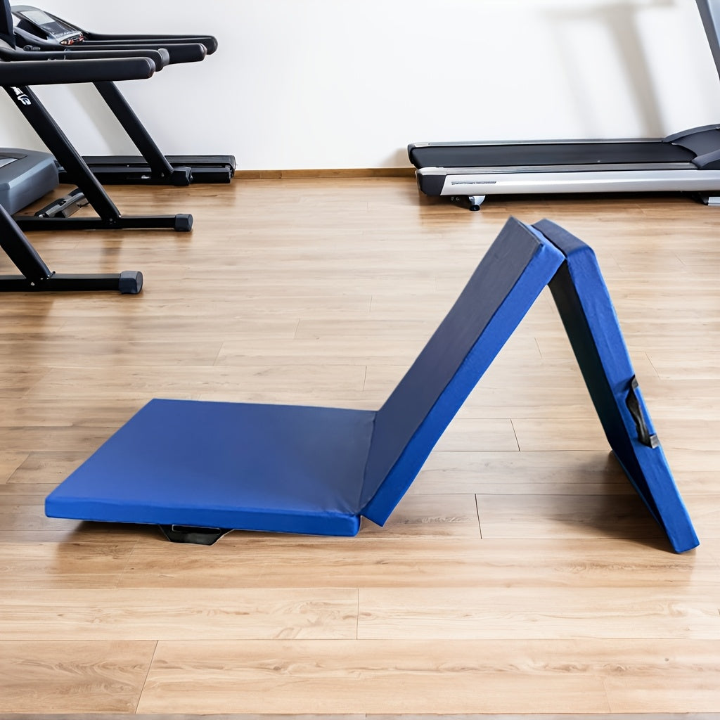 Portable tri-fold yoga mat with thick padding, non-slip PU surface, and handle