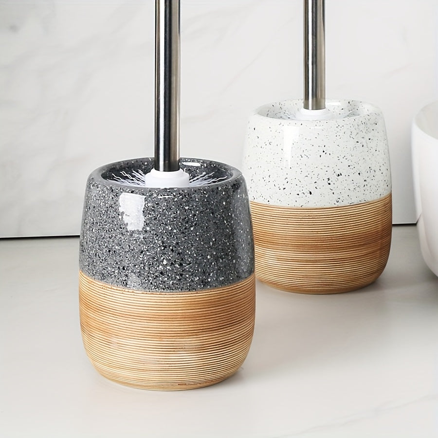 Elegant Ceramic Toilet Brush Set – Wood-Like Base and Stainless Steel Handle