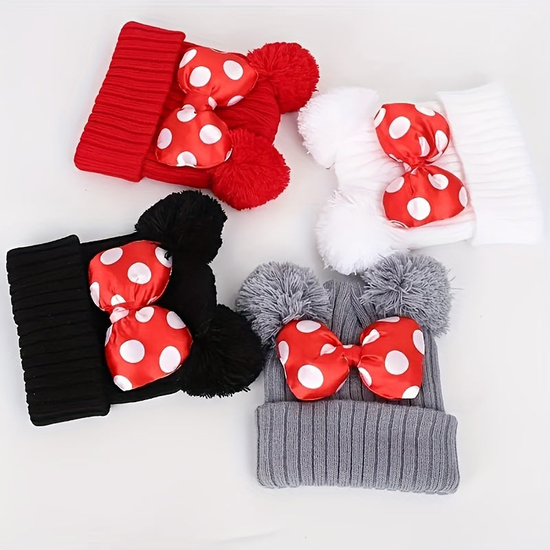 Sanne Cute Minnie Hat for Children - Knitted Beanie with Bow and Pom Poms