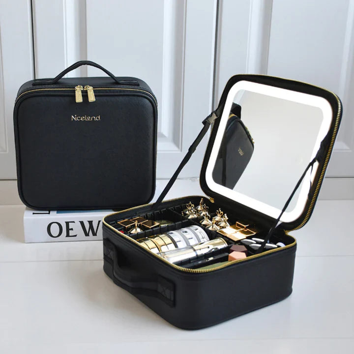 GlowLuxe LED Vanity Case | Portable beauty organizer with adjustable LED mirror for flawless
