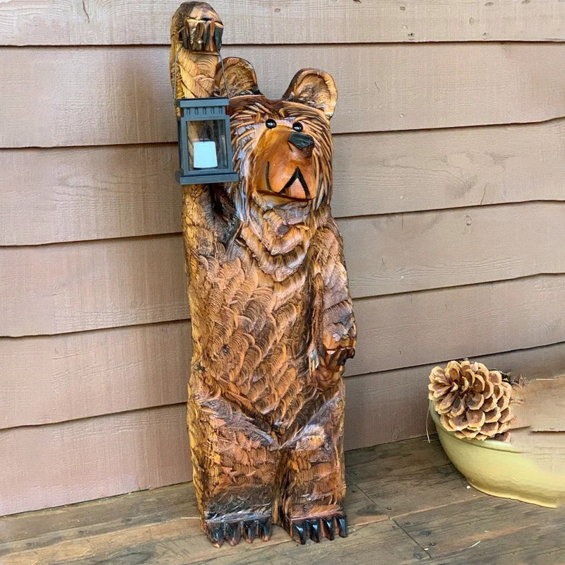 Cedar Carved Bear with Solar Lantern