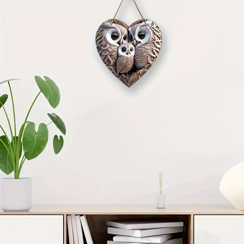 Rustic Wooden Owl Family Heart Sign - For a Warm Home