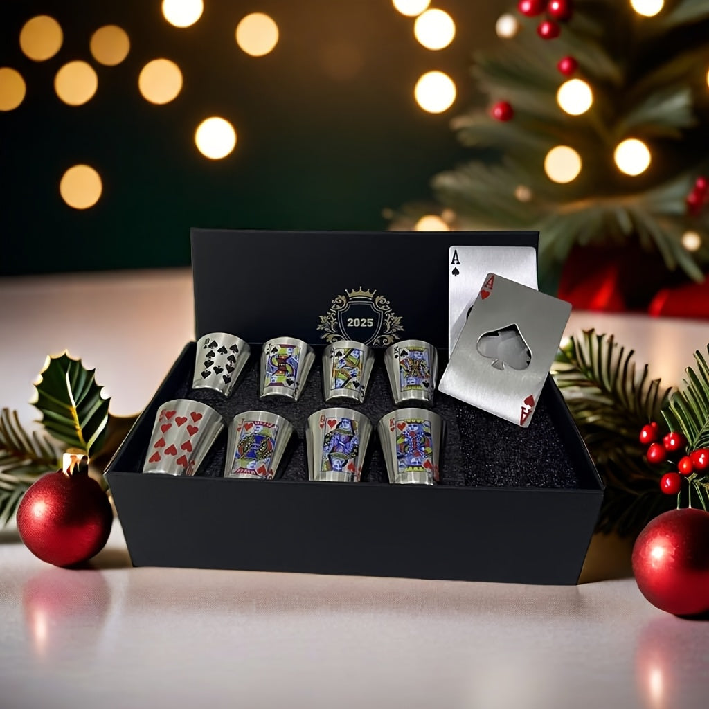 Royal Playing Cards Whiskey Glass Set – Stainless Steel & Bottle Openers