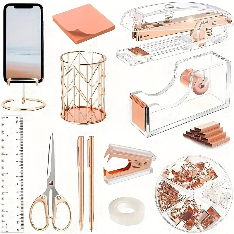 Rose Gold Acrylic Desk Organiser Set | Desk Organiser | Complete Set with Stapler, Ruler and More