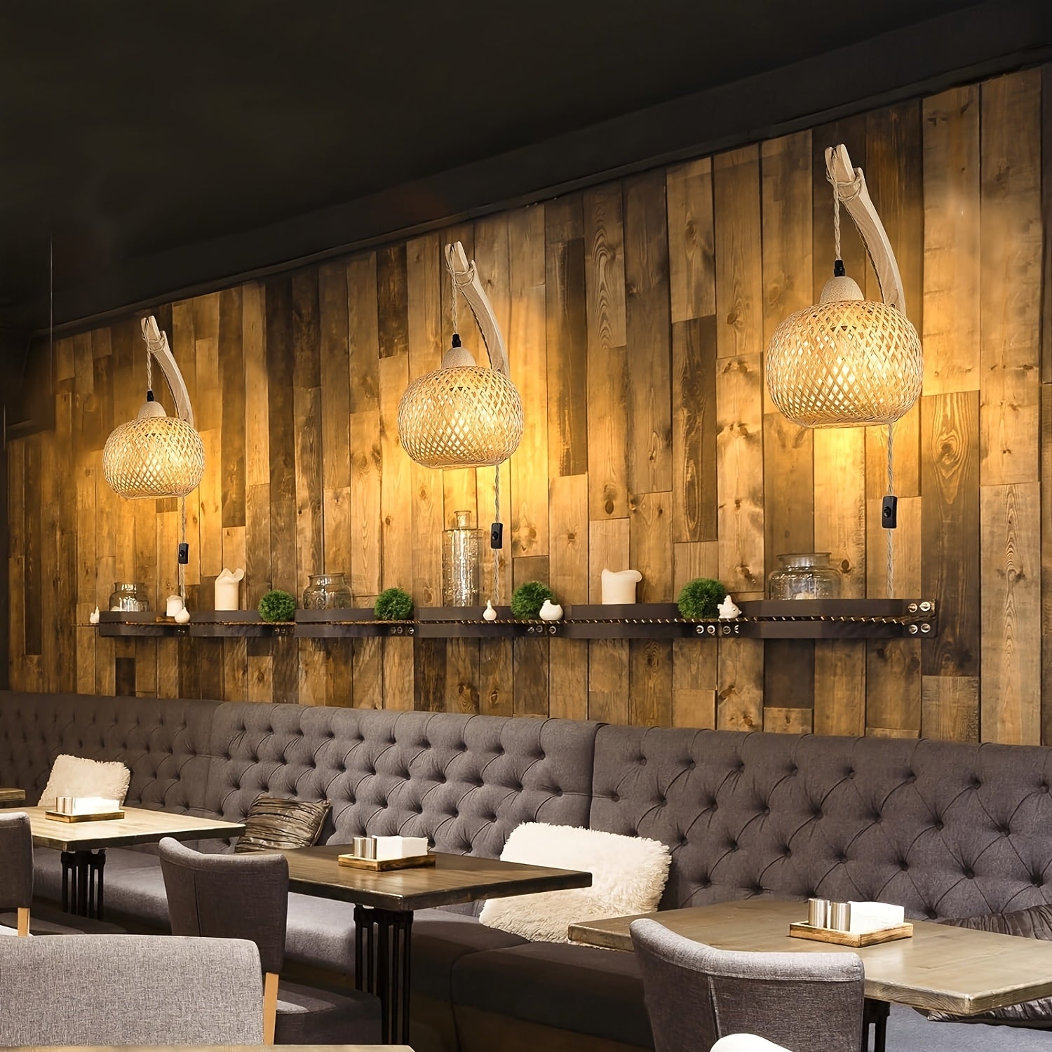 Rustic Bamboo Wall Lamp – Woven Shade with Plug Vintage Style