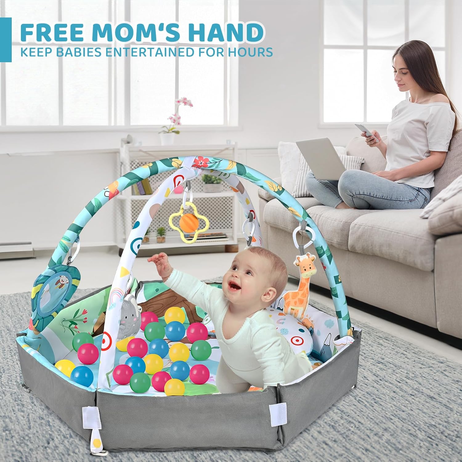 8-in-1 Baby Gym & Ball Pit - Washable Play Mat with Toys
