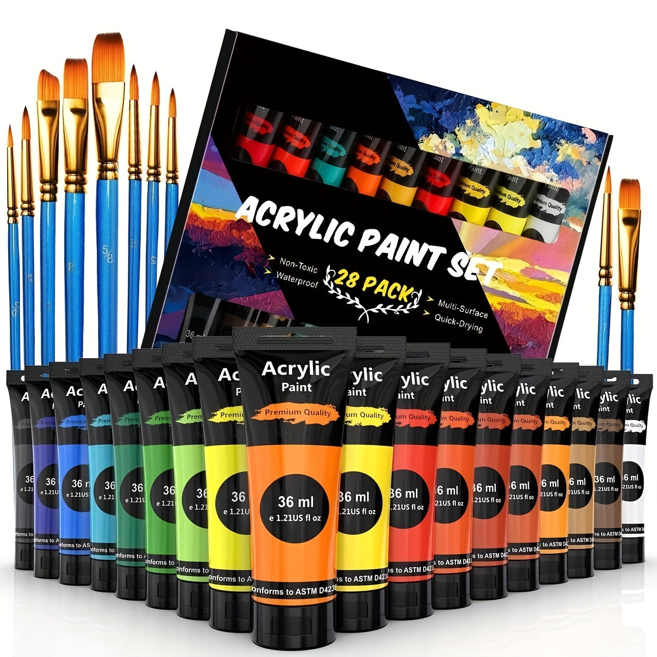 Acrylic Paint Set – 28 Pieces, Including 18 Colours of Acrylic Paint and 10 Brushes