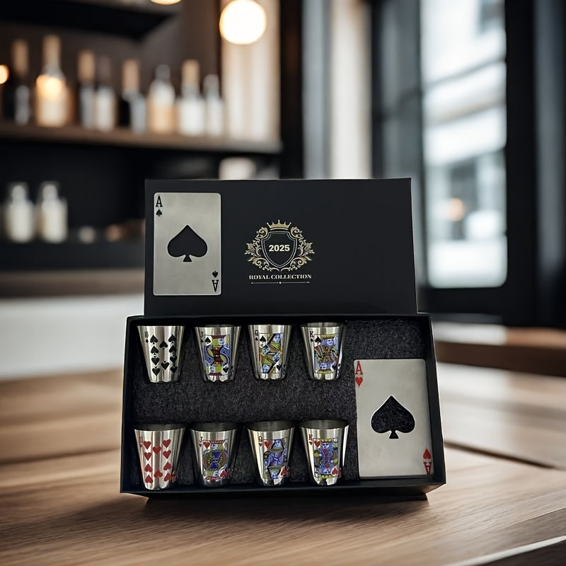 Royal Playing Cards Whiskey Glass Set – Stainless Steel & Bottle Openers
