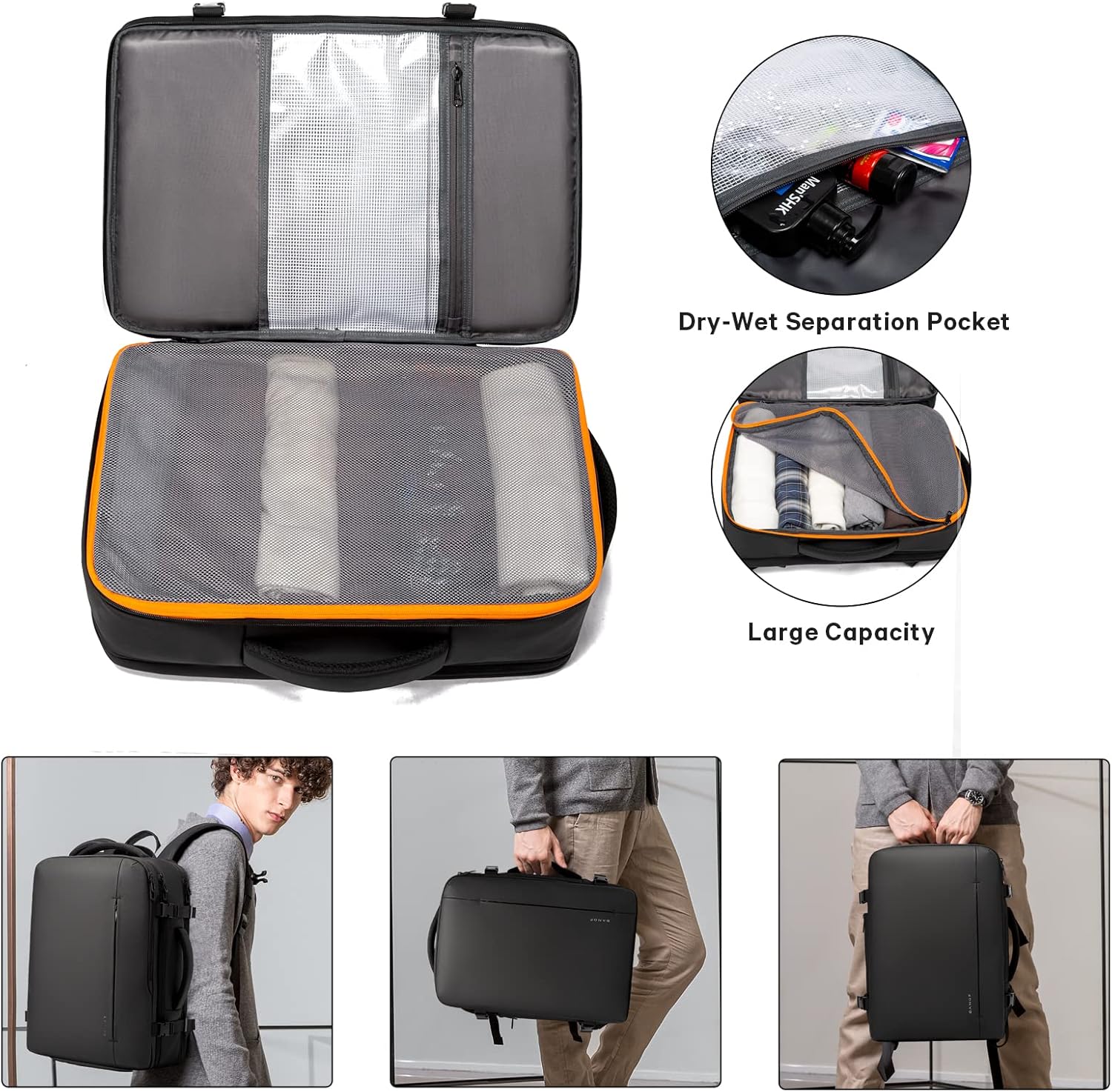 Expandable 26–45L Waterproof Travel Backpack with Laptop Compartment & Duffle Option