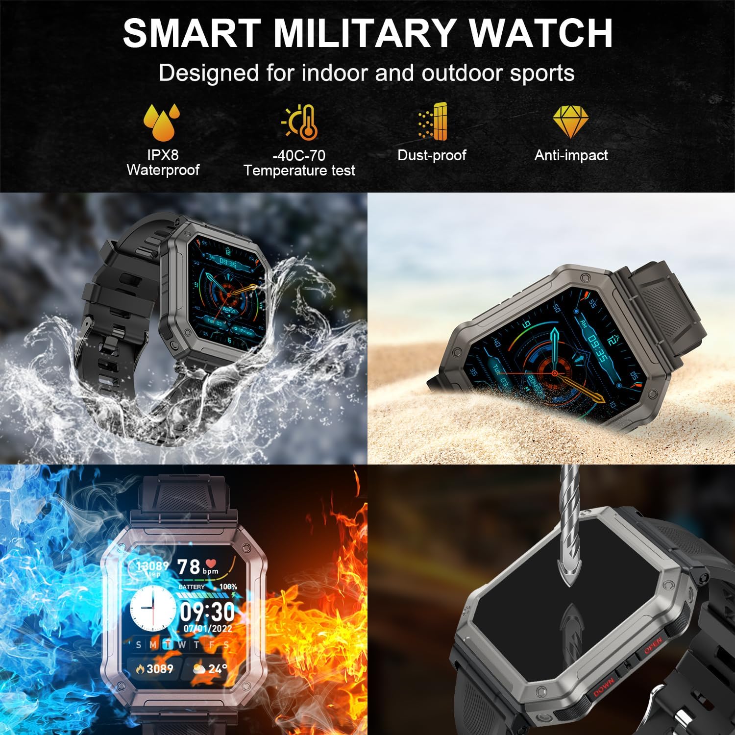 Military Smartwatch for Men with Fitness Tracker – Wayne