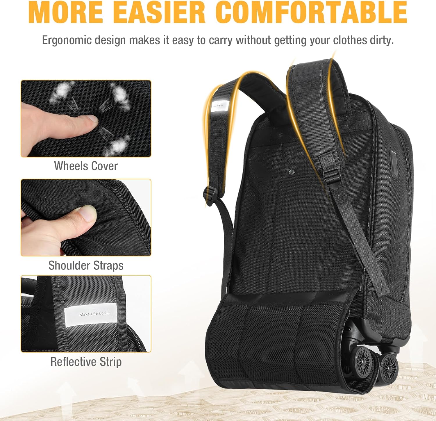 30L Rolling Backpack for Laptops with 4 Spinner Wheels and Water-Resistant Design