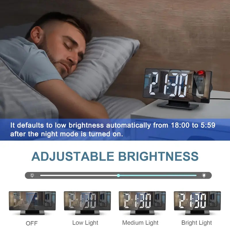180° Adjustable LED Projection Alarm Clock – Snooze, 12/24H Time & Temperature Display, Mirror Design – USB Powered, Night Mode & Memory Function