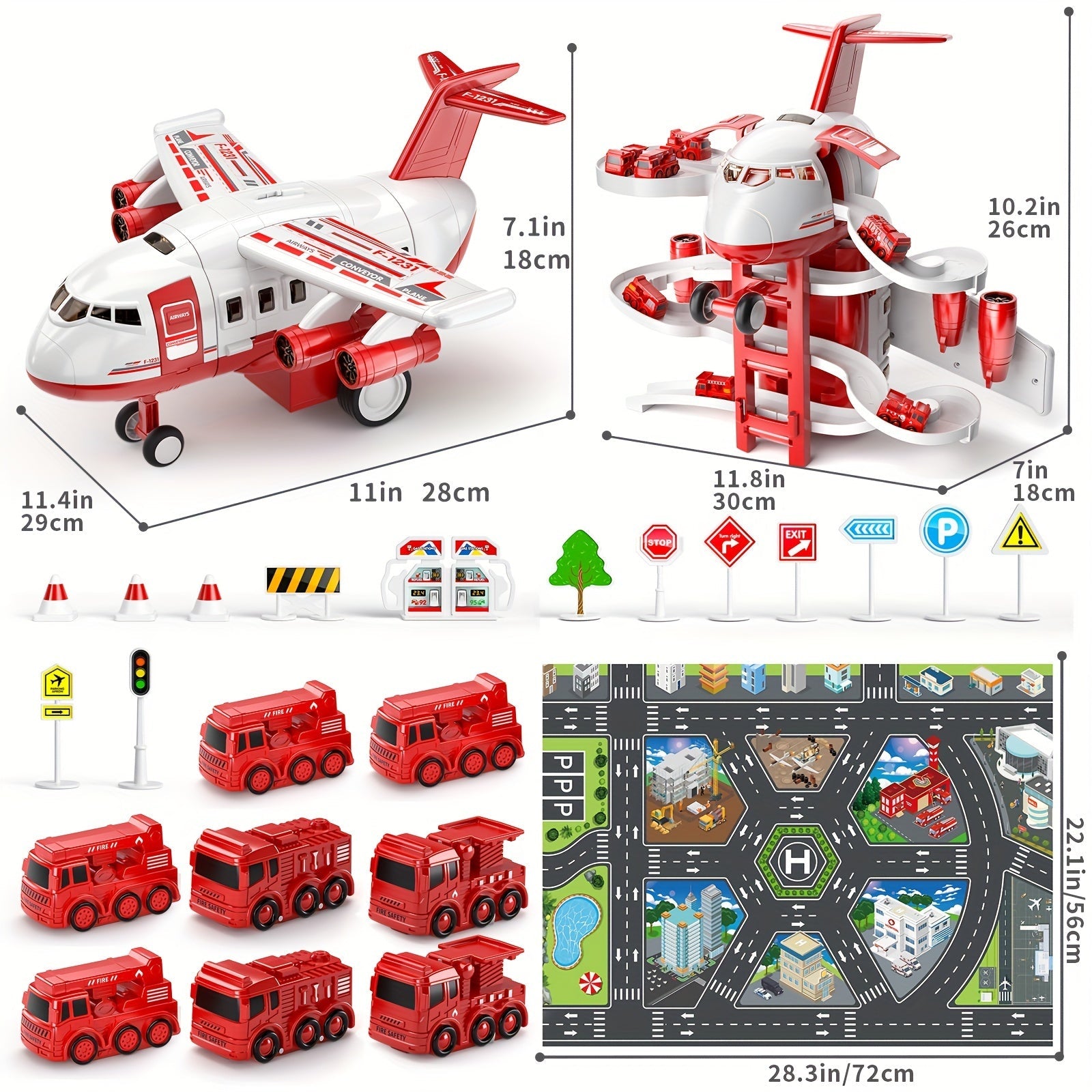 AdventurePlay Aeroplane & Fire Engines Playset - Race Track and Garage for Children