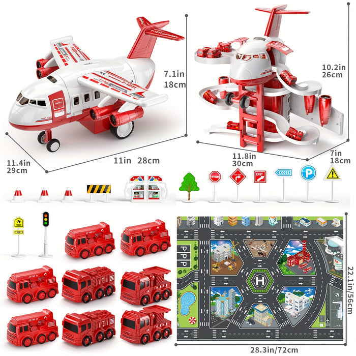 AdventurePlay Airplane and Fire Engine Set - Race Track and Garage Toy for Children