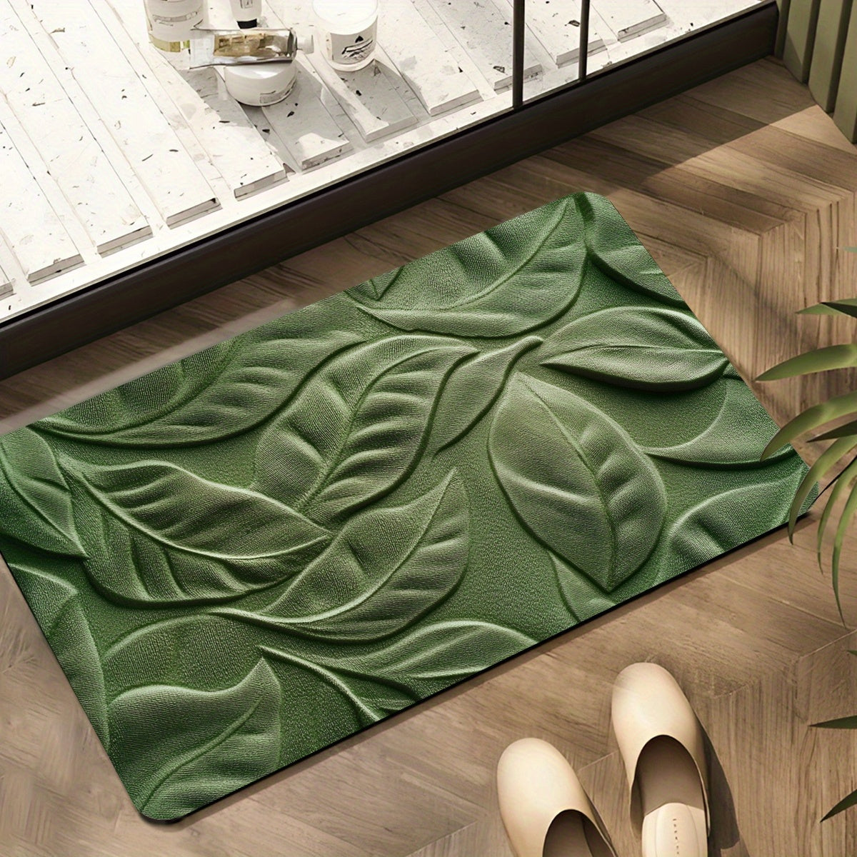 Diatomaceous Earth Bath Mat with Green Leaf Pattern – Absorbent and Quick-Drying