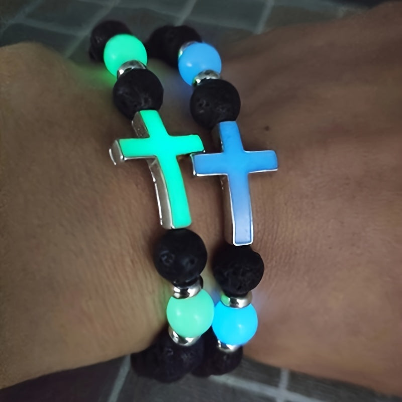 Glow-in-the-Dark Beaded Bracelet with Cross - For a Unique Style