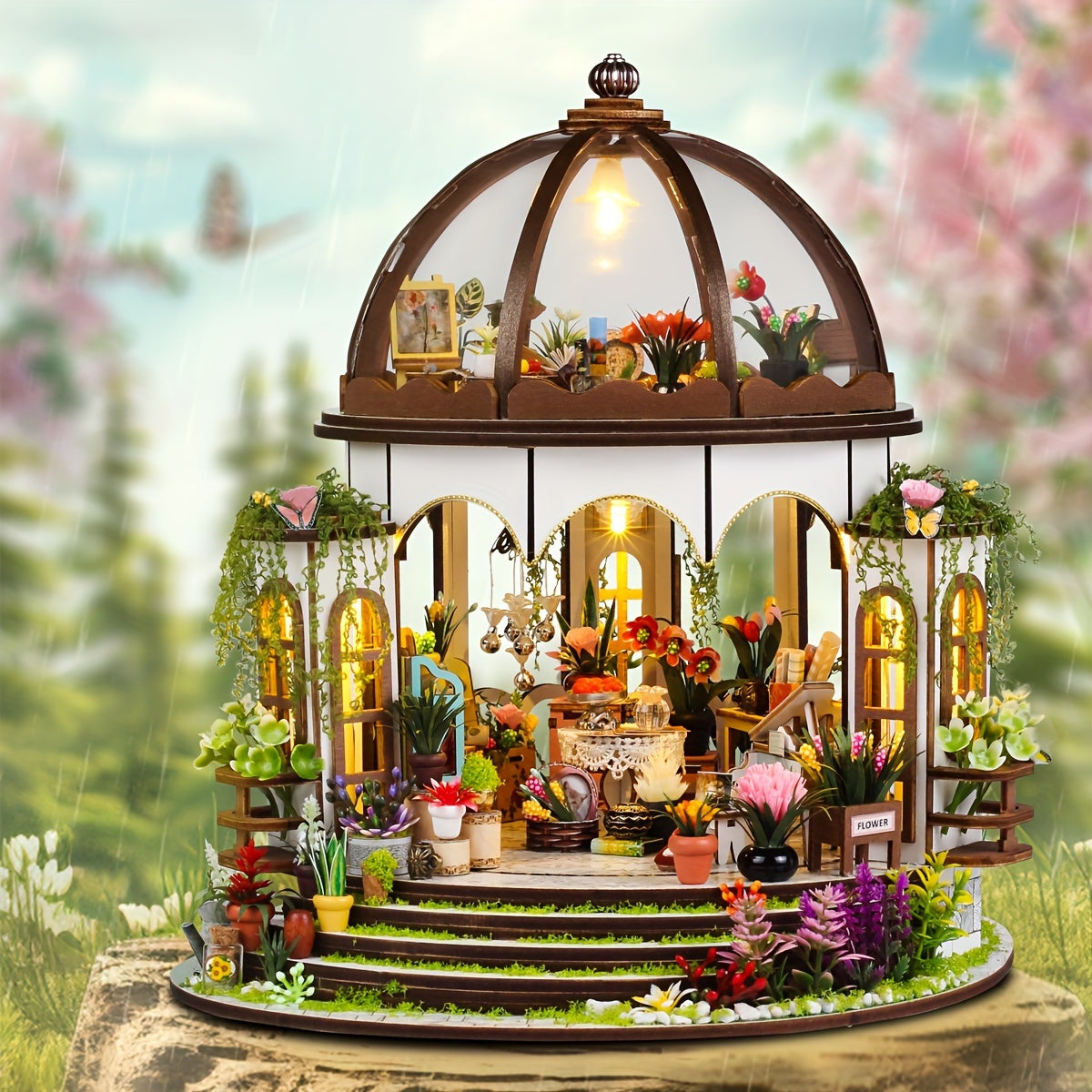 Miniature Flower House – 3D Wooden Puzzle with LED Lighting and Detailed Garden