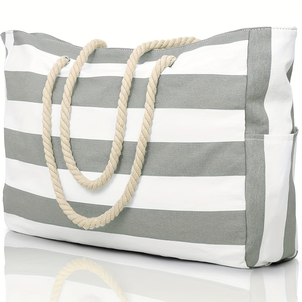 Striped Large Capacity Beach Bag – Durable Polyester with Zip