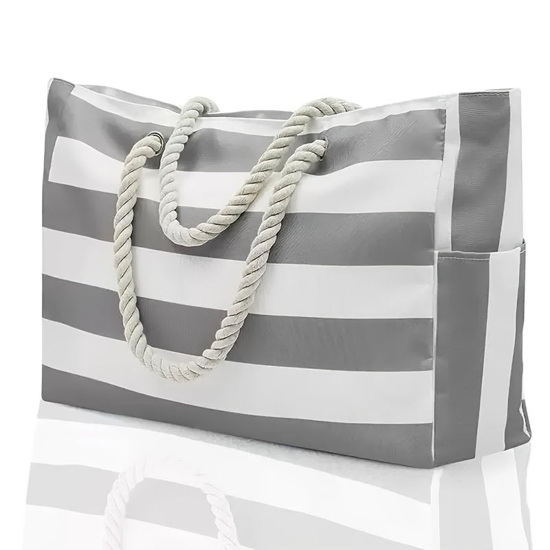 Striped Large Capacity Beach Bag – Durable Polyester with Zip