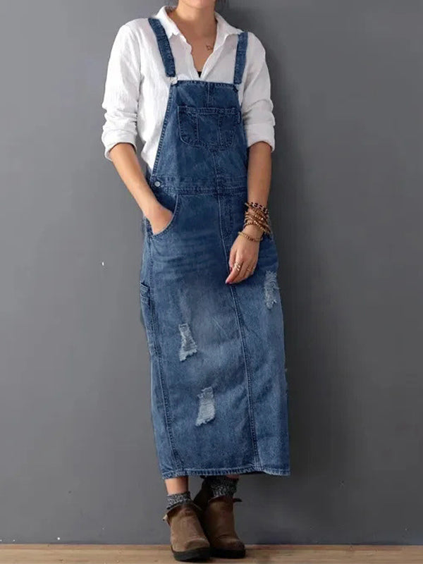Rugslit Worn Denim Dungaree Dress