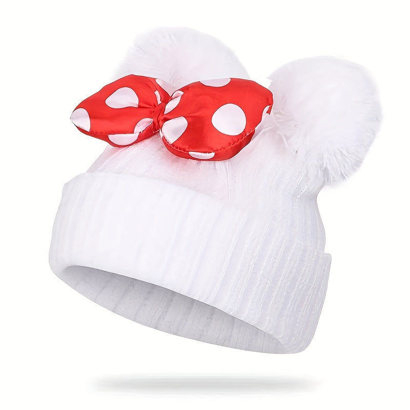 Sanne Cute Minnie Hat for Children - Knitted Beanie with Bow and Pom Poms