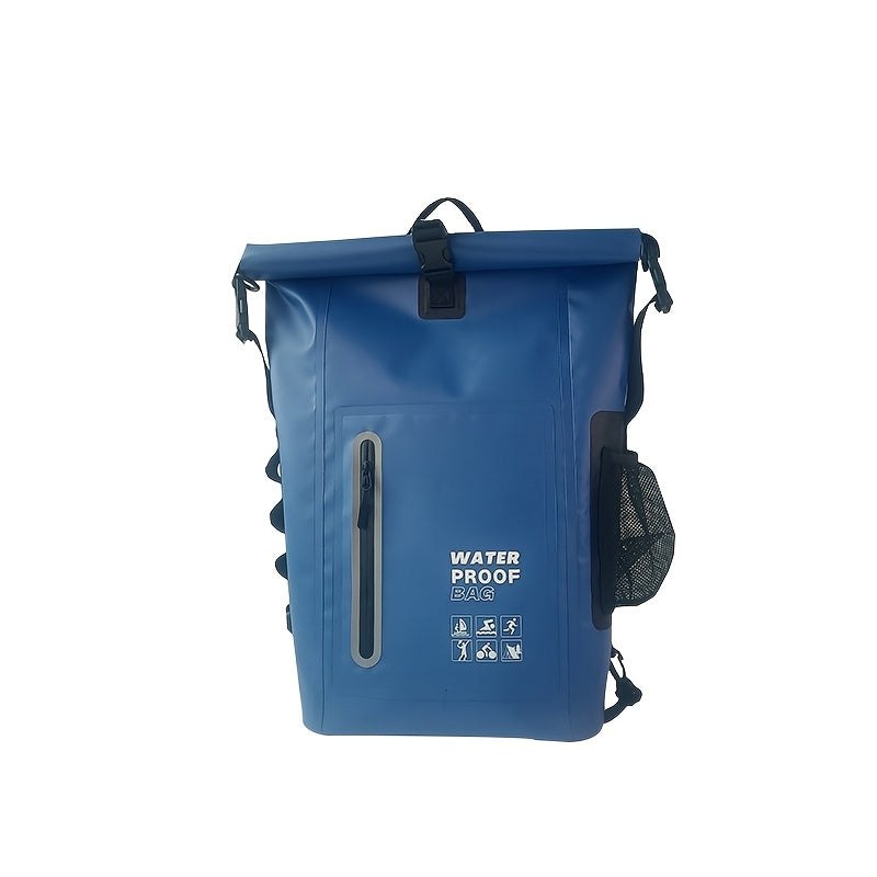 Waterproof 25L Roll-Top Rucksack with Multiple Pockets, Sturdy Buckle Seal, and Mesh Side Pocket