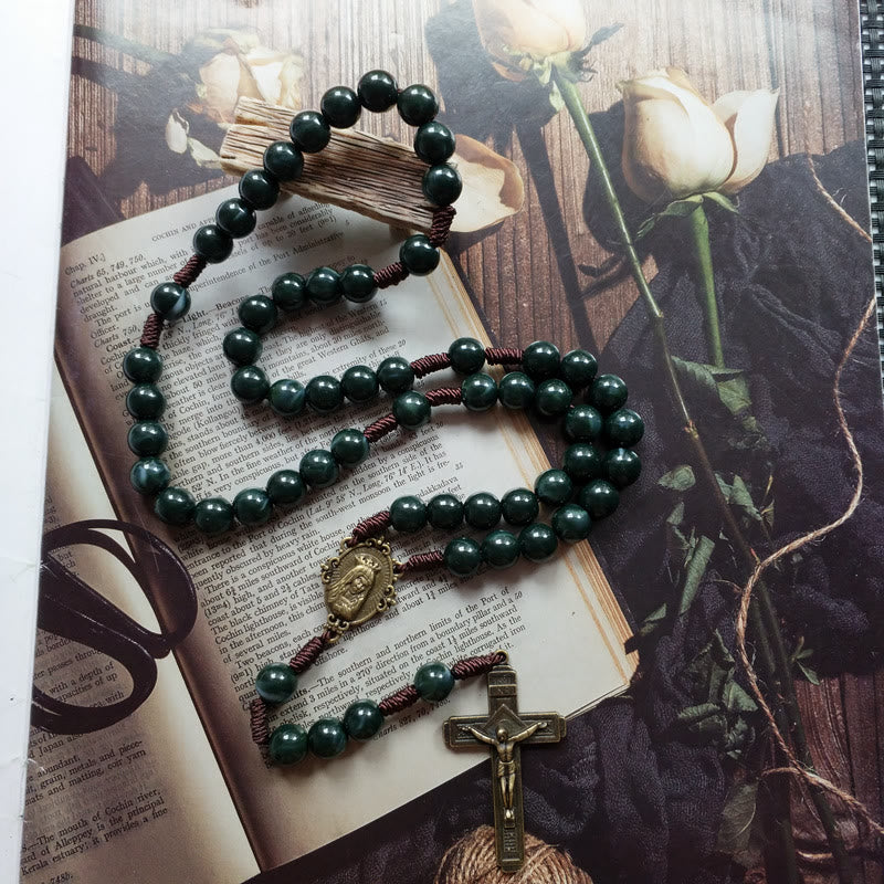 Moss Agate Saint Medal Cross Pendant Rosary Necklace – Celeste