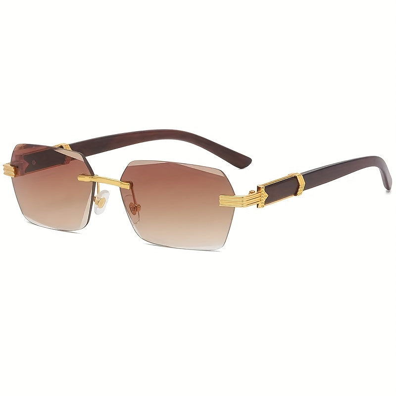 Rimless Sunglasses with Rectangular Lenses and Wooden Temples – Verro