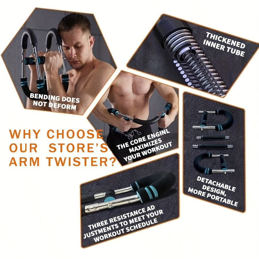 Adjustable Arm and Chest Muscle Trainer for Men with Stainless Steel Frame and Comfortable Blue Grips