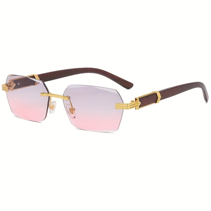 Rimless Sunglasses with Rectangular Lenses and Wooden Temples – Verro