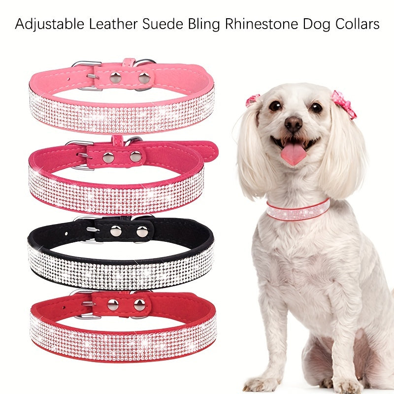 Adjustable Leather Dog Collar with Rhinestones – Strong and Durable
