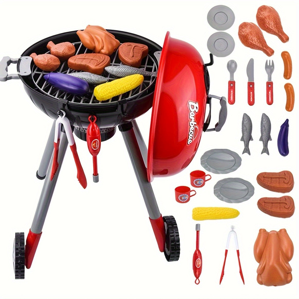 Children's BBQ Grill Play Set – Rotating Wheels and Complete Accessory Set