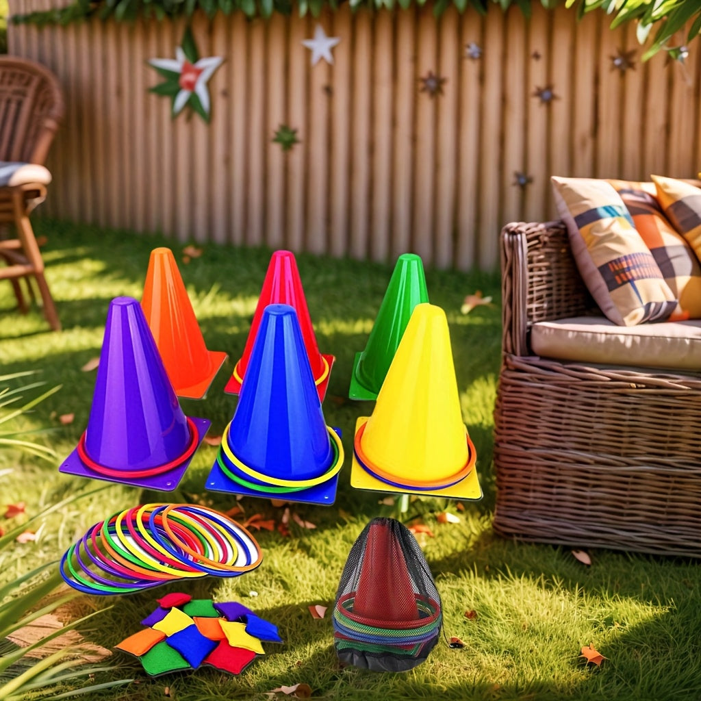 Colourful Ring Toss Set – Cones, Rings and Bean Bags for Family Fun