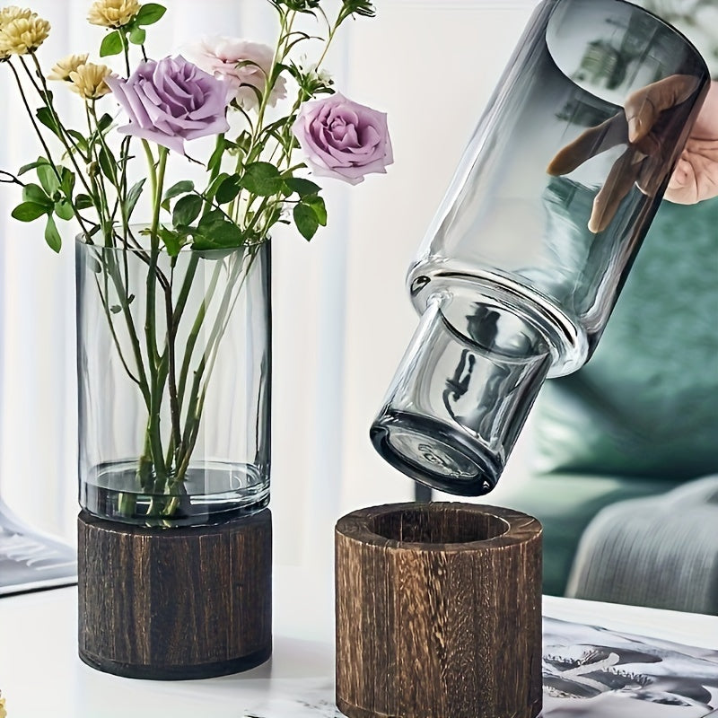 Luxury Glass Vase with Wooden Base - Elegant and Modern