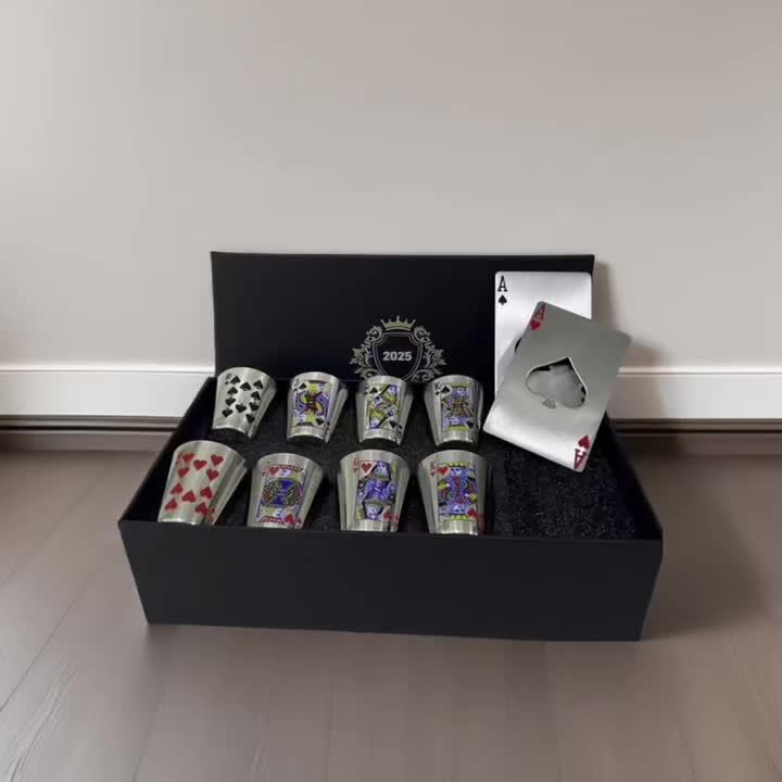 Royal Playing Cards Whiskey Glass Set – Stainless Steel & Bottle Openers