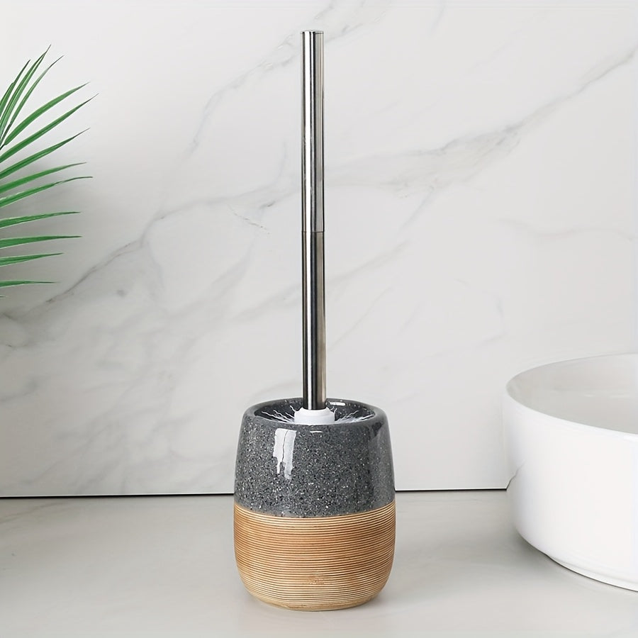 Elegant Ceramic Toilet Brush Set – Wood-Like Base and Stainless Steel Handle